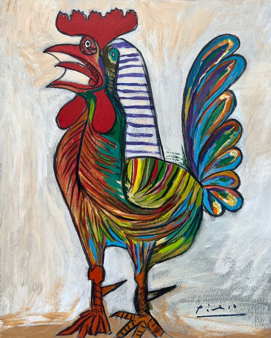 Pablo Picasso after Spanish Cubism mixed media on paper art rooster (1 of 2)