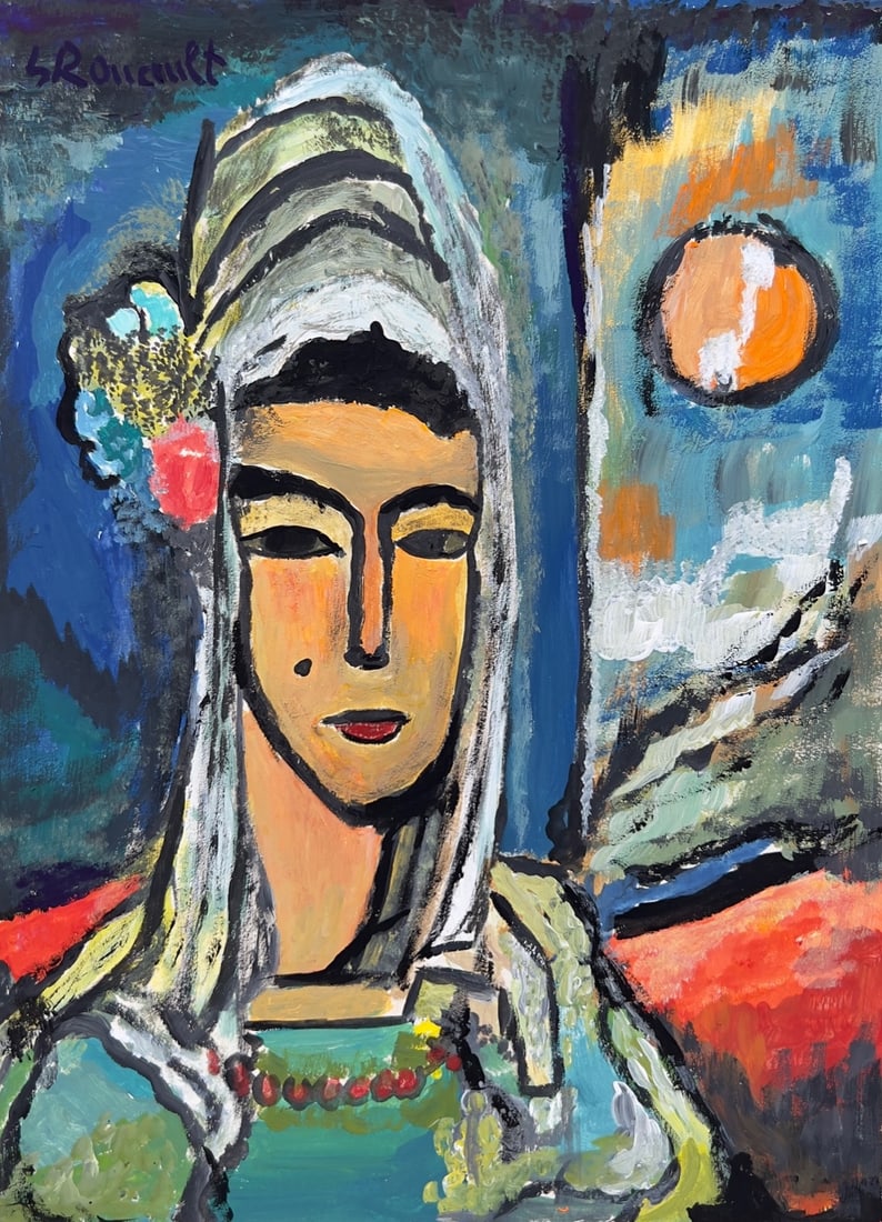 Georges Henri Rouault after French Expressionist tempera on paper portrait: Tempera on paper, painting. From a private collection. 6,5 x 9,1 in (16,5 x 23 cm). Georges Henri Rouault (1871-1958 French). It is being sold in the manner or style of the artist. Depicts a portrait 