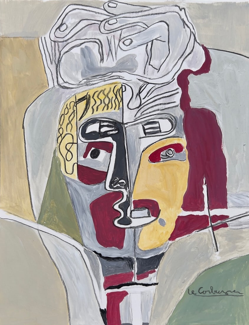Mixed media on paper Le Corbusier style of French Expressionist female face painting (1 of 2)