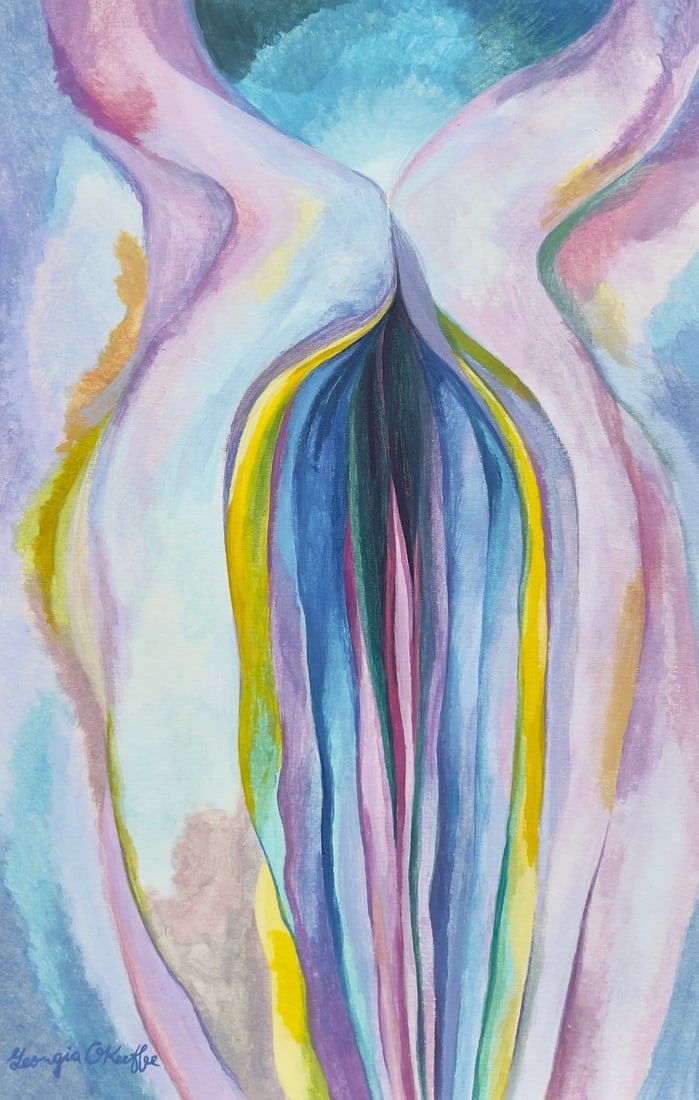 Georgia O'Keeffe after American Precisionism enlarged flower tempera on paper: Tempera on paper, painting. From a private collection. 8,1 x 12,6 in. (20,5 x 32 cm). Georgia O'Keeffe (1887-1986, American). It is being sold in the manner or style of the artist. Composition with an