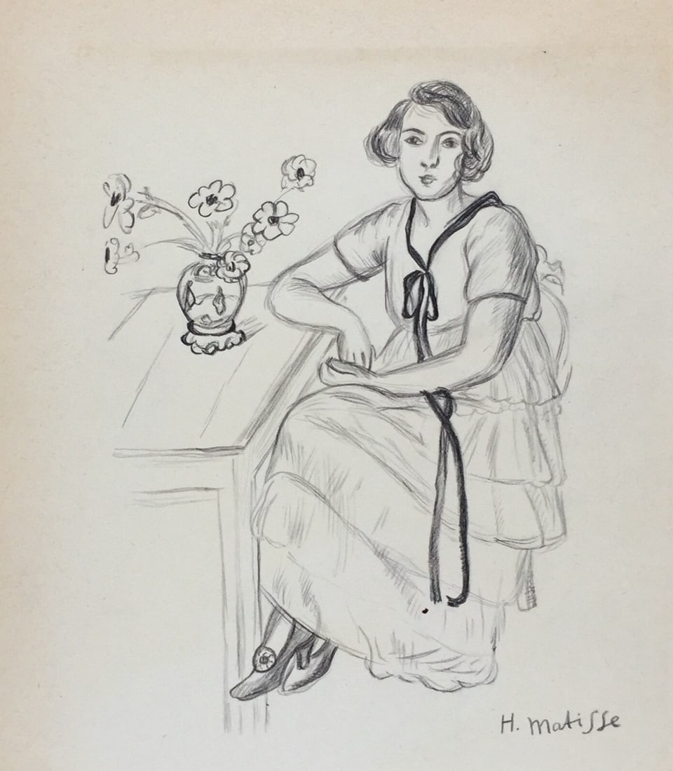 Charcoal drawing Henri Matisse style of Expressionism French woman with flowers (1 of 2)
