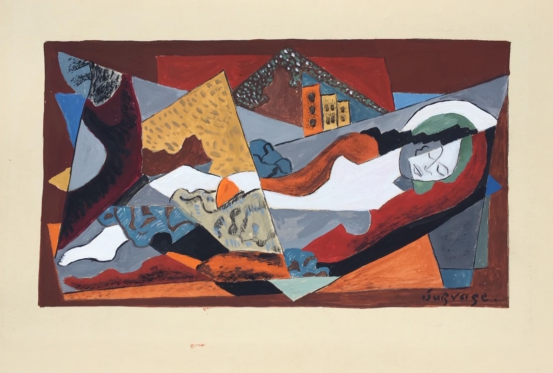 Tempera on paper Leopold Survage after Cubist French woman: Tempera on paper, painting. From a private collection. 6,7 x 9,8 in. (16,9 x 24,8 cm). Leopold Survage (1879-1968, French). It is being sold in the manner or style of the artist. Featuring a woman in 