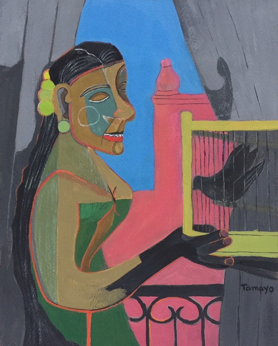 Rufino Tamayo after Mexican gouache on paper woman portrait: Gouache on paper, painting. From a private collection. 8,3 x 10,2 in. (21 x 26 cm). Rufino Tamayo (1899 - 1991, Mexican). It is being sold in the manner or style of the artist. The composition with a 