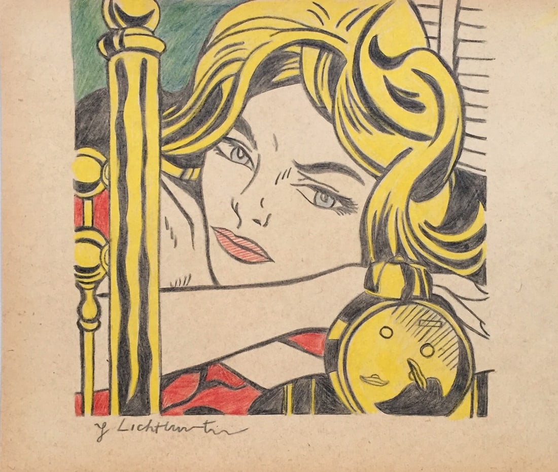 Mixed media on paper Roy Lichtenstein style of American Pop Art: Mixed media on paper. From a private collection. 9,4 x 10,9 in. (23,8 x 27,7 cm). Roy Lichtenstein (1923-1997, American). It is being sold in the manner or style of the artist. Depicts a portrait of a