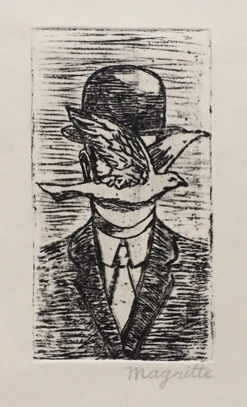 Rene Magritte Belgian Surrealist linocut etching man with bowler hat and dove (1 of 2)