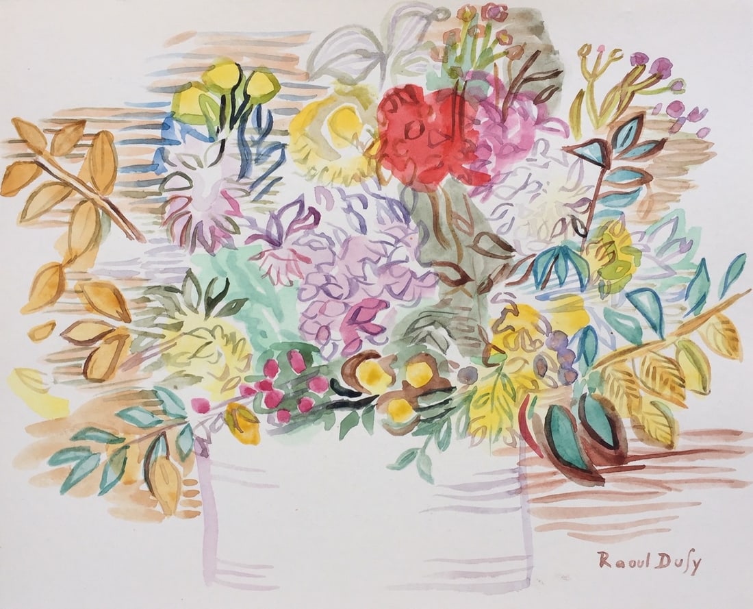 Watercolor Raoul Dufy after French Post-Impressionism flowers bouquet: Watercolor on paper. From a private collection. 9,3 x 11,5 in. (23,6 x 29,2 cm). Raoul Dufy (1877-1953, French). It is being sold in the manner or style of the artist. The painting depicts a bouquet o