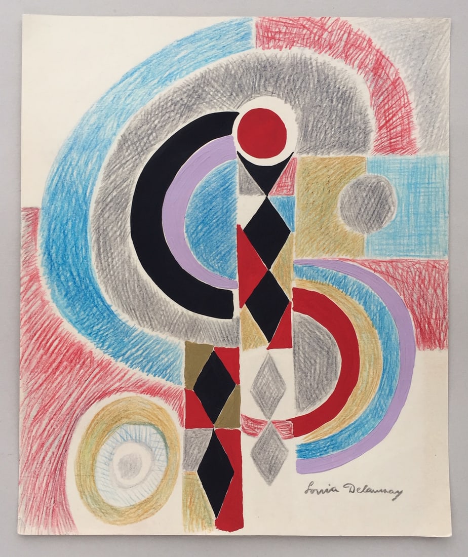 Mixed media on paper Sonia Delaunay style of French Ukrainian Abstract colorful circles - 2