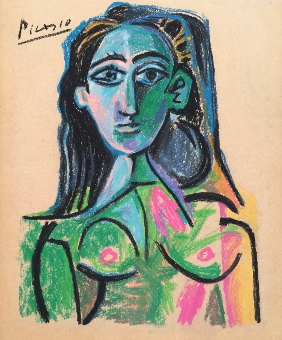 Pastel on paper Pablo Picasso after Spanish Cubist portrait green nude woman female portrait (1 of 2)