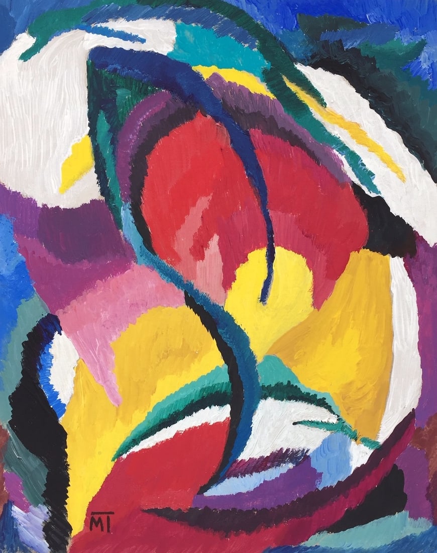 Gouache on cardboard Janos Mattis-Teutsch after Abstract Hungarian Romanian colorful abstraction: Gouache on cardboard, painting. From a private collection. 8,7 x 10,8 in. (22 x 27,5 cm). Janos Mattis-Teutsch (1884-1960, Hungarian - Romanian). It is being sold in the manner or style of the artist.