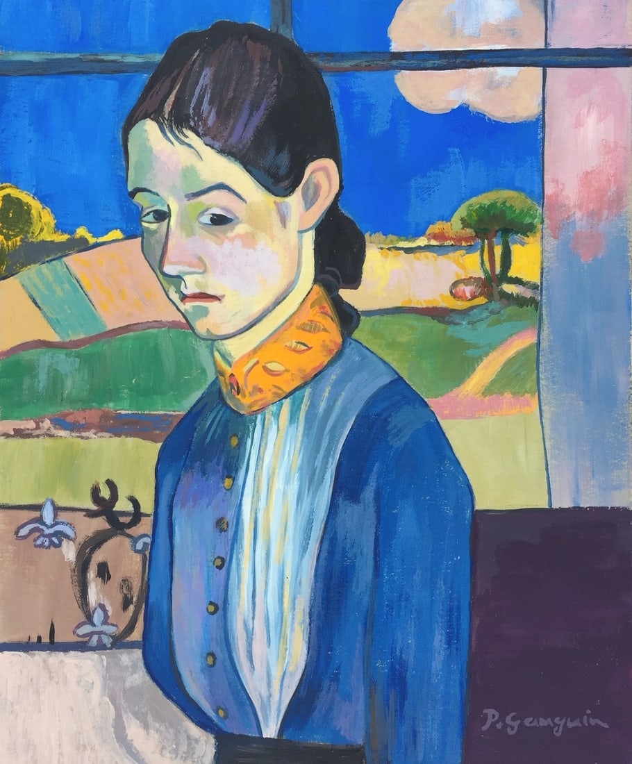 Paul Gauguin after Post-Impressionism French tempera on cardboard portrait woman blue: Tempera on cardboard, painting. 8,7 x 10,4 in (22 x 26,5 cm). From a private collection. Paul Gauguin (1848-1903, French). It is being sold in the manner or style of the artist. Depicts a portrait of 