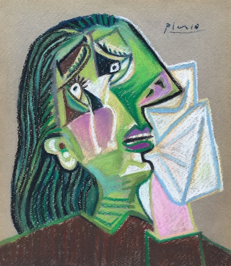 Pastel on paper Pablo Picasso after Spanish Cubism crying weeping woman painting: Pastel on paper, drawing. From a private collection. 8,8 x 10,4 in. (22,5 x 26,4 cm). Pablo Picasso (1881-1973, Spanish) It is being sold in the manner or style of the artist. Depicts a portrait with 