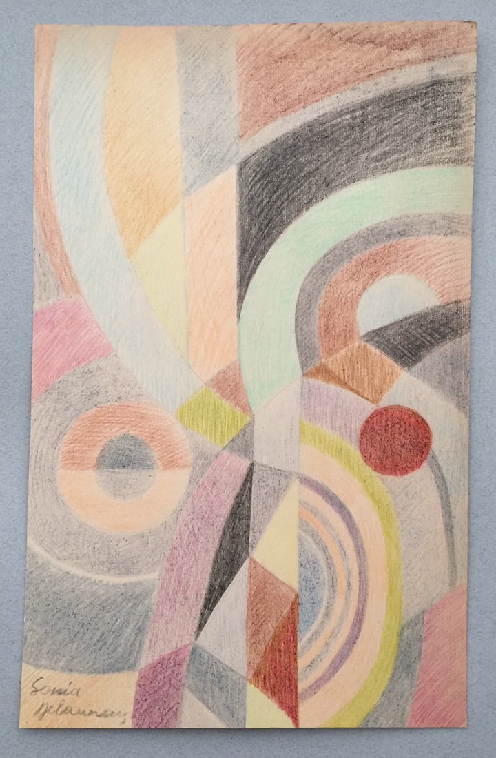 Crayon on paper Sonia Delaunay style of French Ukrainian Abstract circles geometric objects - 2