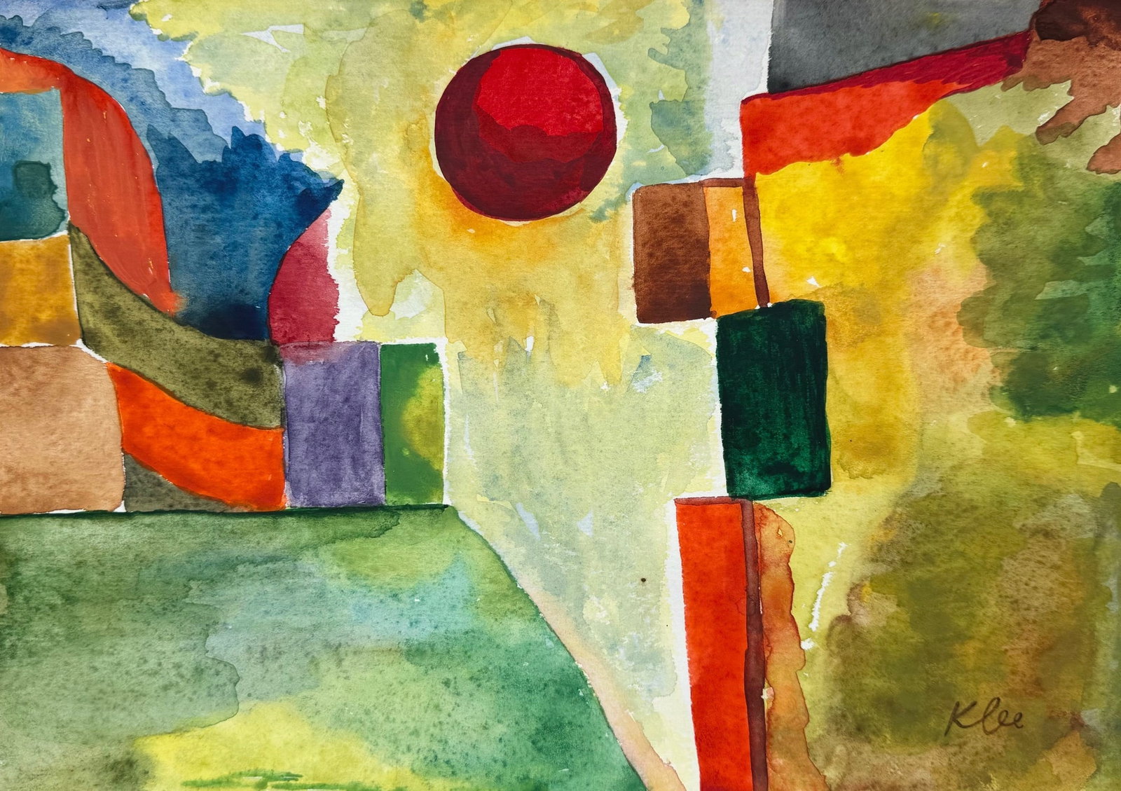 Paul Klee after Swiss German Abstract watercolor on paper geometric forms composition: Watercolor on paper, painting. 7,9 x 11,2 in. (20 x 28,5 cm). Paul Klee (1879-1940, Swiss). It is being sold in the manner or style of the artist. Depicts an abstract geometric composition. Paul Klee 