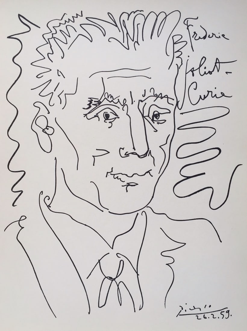 Pablo Picasso Spanish vintage litho print man portrait: Vintage litho print on paper. Printed in Germany, 1959. 11.8 x 15.7 in. (30 x 40 cm). "Frederic Joliot-Curie". Pablo Picasso (1881 - 1973, Spanish). From a private collection.