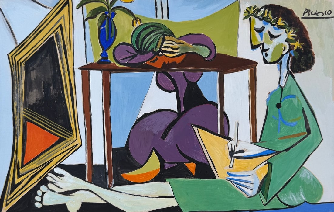 Pablo Picasso after Spanish Cubist tempera on paper women mirror: Tempera on paper, painting. From a private collection. 7,6 x 11,9 in. (19,3 x 30,2 cm). Pablo Picasso (1881-1973, Spanish). It is being sold in the manner or style of the artist. The painting depicts 