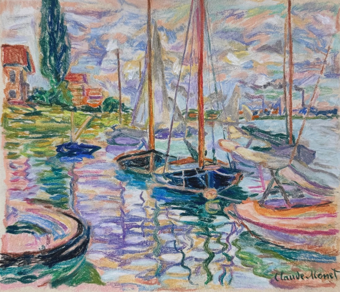 Claude Monet after French Impressionist pastel painting boats (1 of 2)