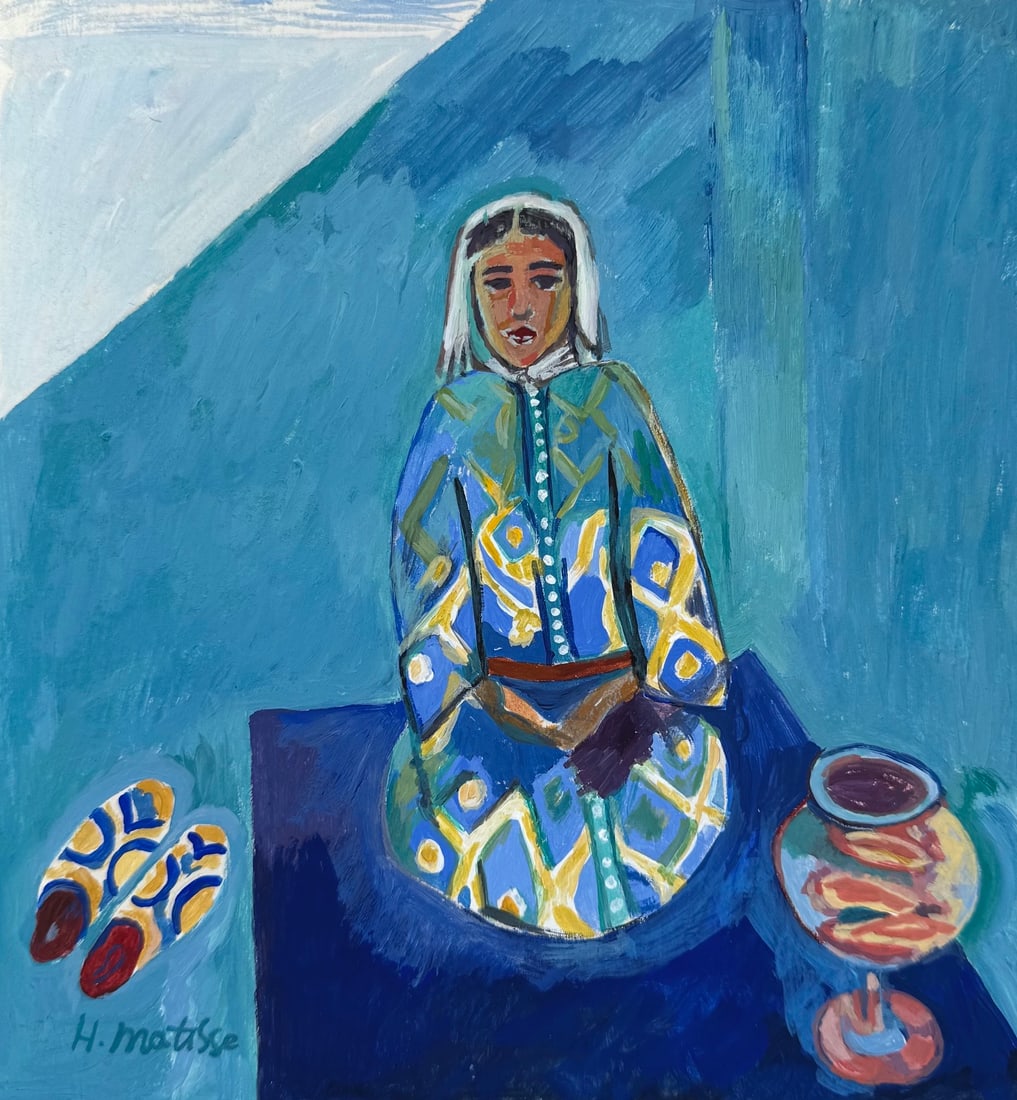 Henri Matisse after French Expressionist tempera painting woman portrait: Tempera on paper, painting. From a private collection. 7,1 x 7,8 in. (18,1 x 19,7 cm). Henri Matisse (1869-1954, French). It is being sold in the manner or style of the artist. The painting depicts a 