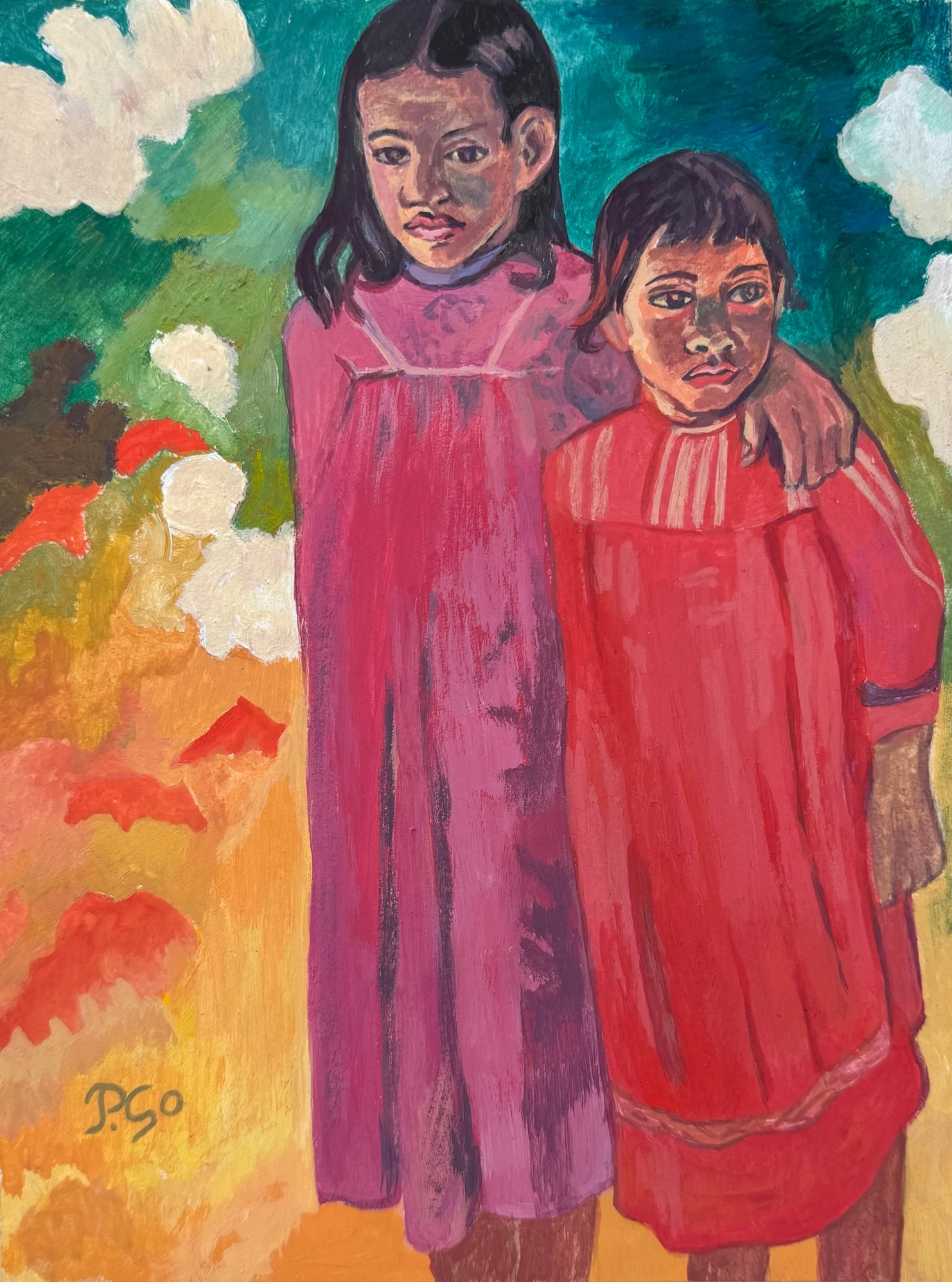 Painting after Paul Gauguin French Post-Impressionist tempera on paper children: Tempera on paper, painting. From a private collection. 5,9 x 8 in. (15,1 x 20,3 cm). Paul Gauguin (1848-1903, French). It is being sold in the manner or style of the artist. Depicts a composition with