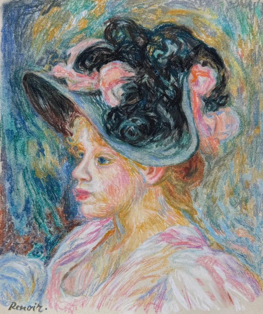 Pierre-Auguste Renoir after French Impressionist pastel on paper painting woman in a hat: Pastel on paper, painting. From a private collection. 8,7 x 9,1 in. (22 x 23,2 cm). Pierre-Auguste Renoir (1841-1919, French). It is being sold in the manner or style of the artist. Depicts a portrait