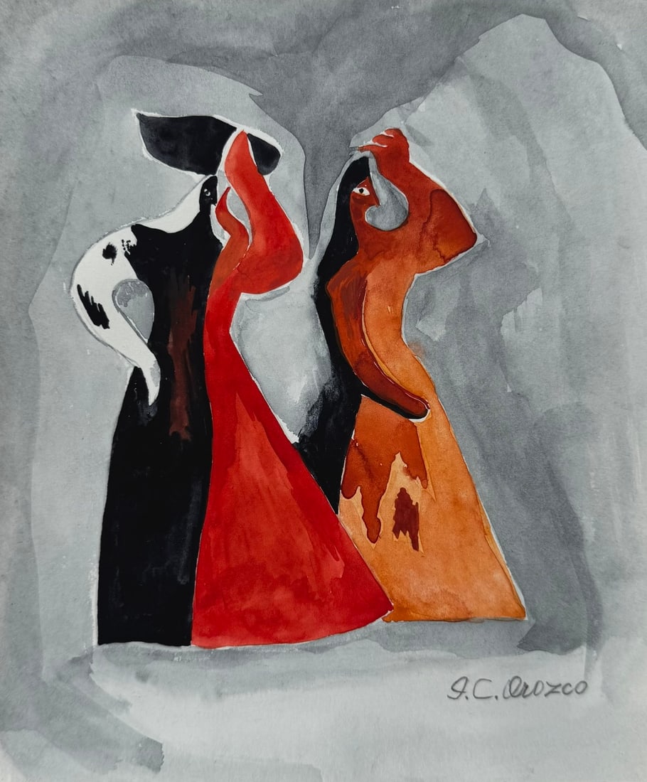 Jose Clemente Orozco after Mexican watercolor on paper two women composition: Watercolor on paper, painting. From a private collection. 6,7 x 8,1 in. (17 x 20,5 cm). Jose Clemente Orozco (1883-1949, Mexican). It is being sold in the manner or style of the artist. Depicts a scen