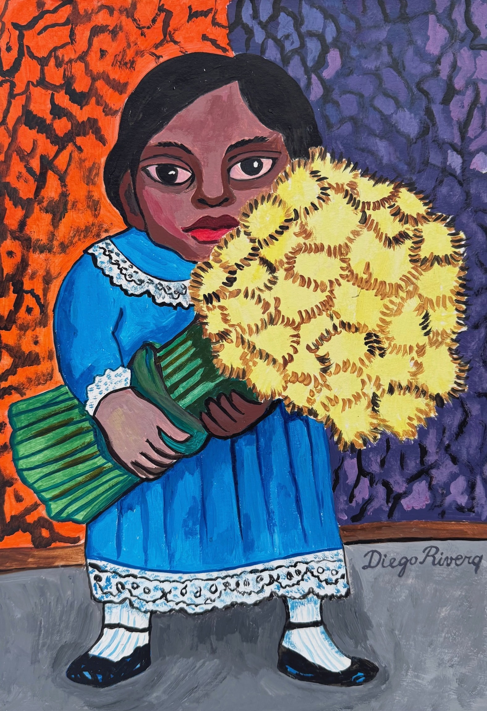 Diego Rivera after Mexican woman with flowers Gouache painting Folk art portrait (1 of 2)