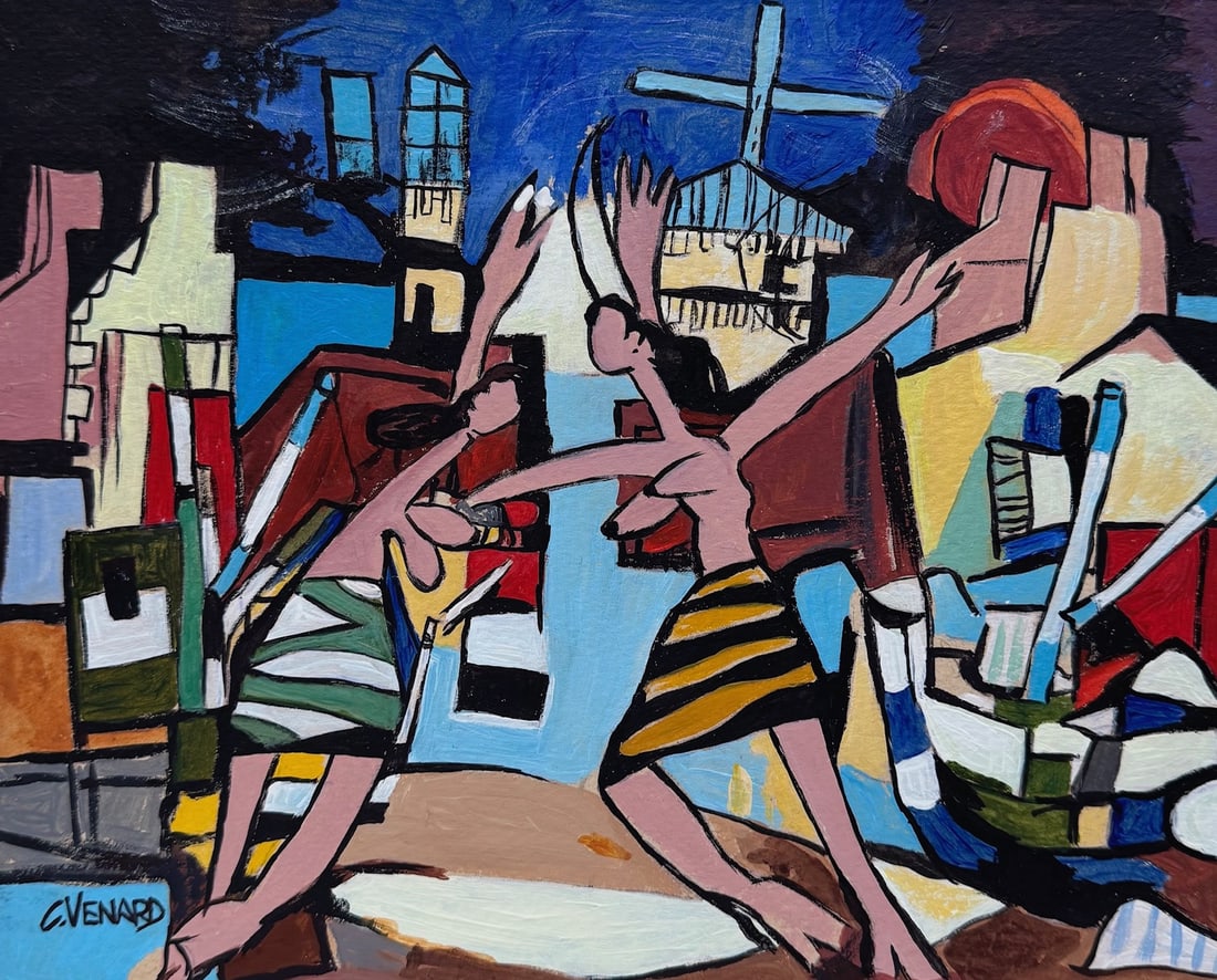 Claude Venard after French Cubist tempera painting of nude women: Tempera on paper, painting. From a private collection. 8 x 9,8 in. (20,4 x 25 cm). Claude Venard (1913-1999, French). It is being sold in the manner or style of the artist. From a private collection. 