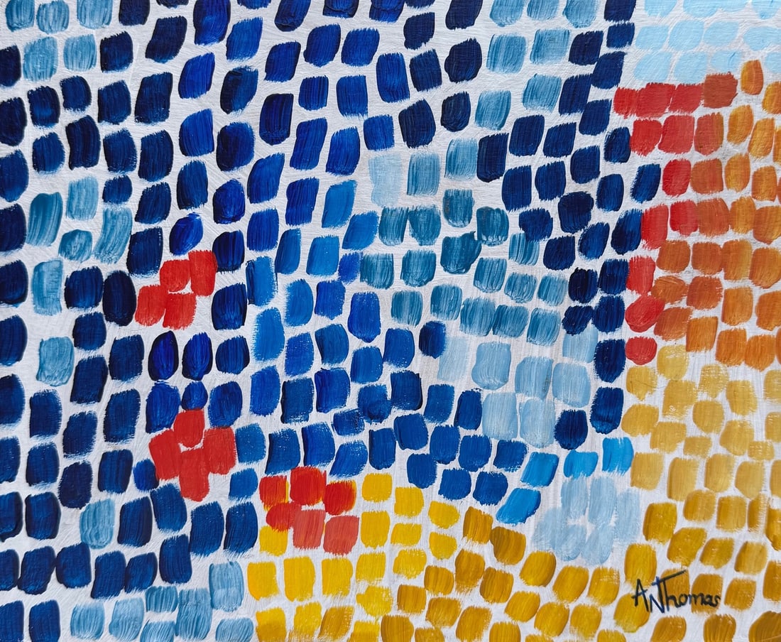 Alma Thomas after American Abstract oil painting mosaic composition Color Field tradition: Oil on cardboard, painting. From a private collection. 8,1 x 10 in (20,5 x 25,3 cm). Alma Woodsey Thomas (1891-1978, African-American). It is being sold in the manner or style of the artist. Featuring