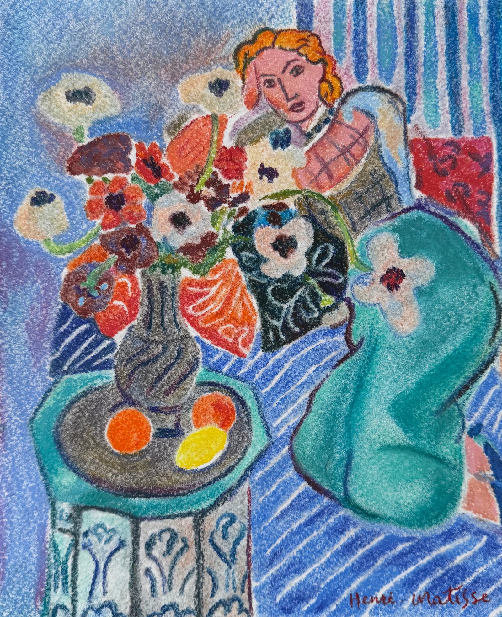 Henri Matisse after French Expressionist pastel painting of woman portrait, modern interior still: Pastel on paper, painting. From a private collection. 7,9 x 9,7 in. (20,1 x 24,7 cm). Henri Matisse (1869-1954, French). It is being sold in the manner or style of the artist. The painting depicts a c