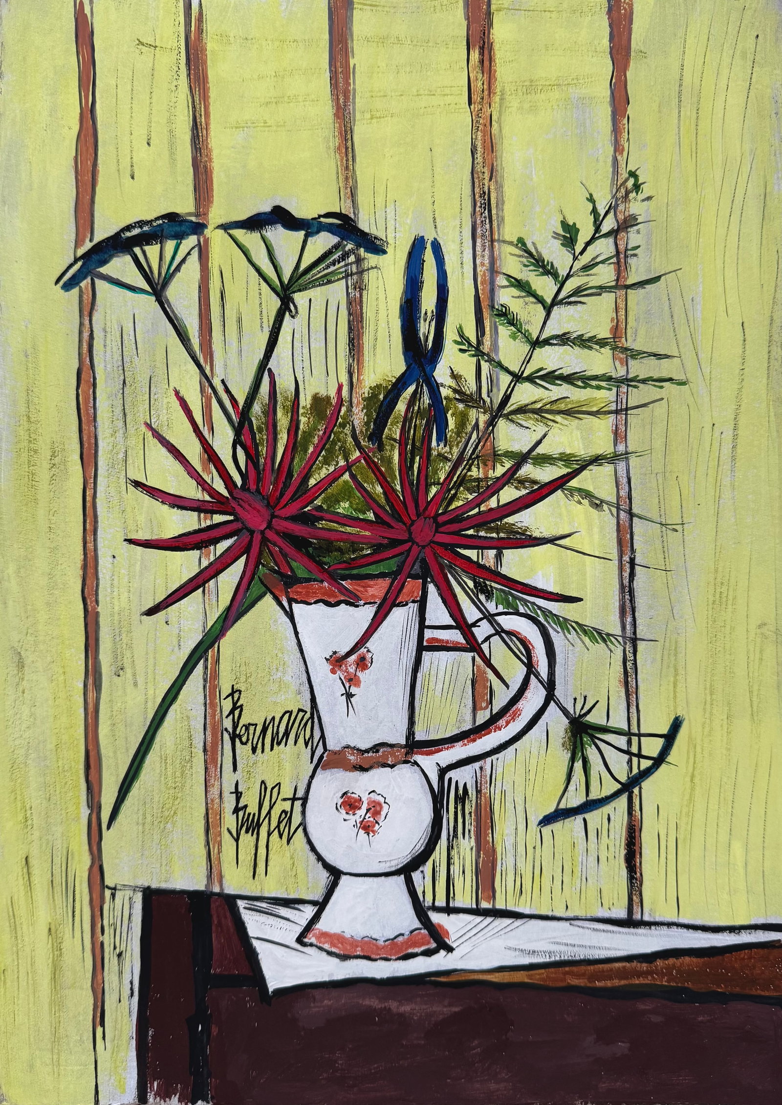 Bernard Buffet after French Expressionist mixed media painting still life with flowers: Mixed media on cardboard. From a private collection. 9,2 x 12,7 in. (23,3 x 32,3 cm). Bernard Buffet (1928-1999, French). It is being sold in the manner or style of the artist. Featuring a bouquet of 
