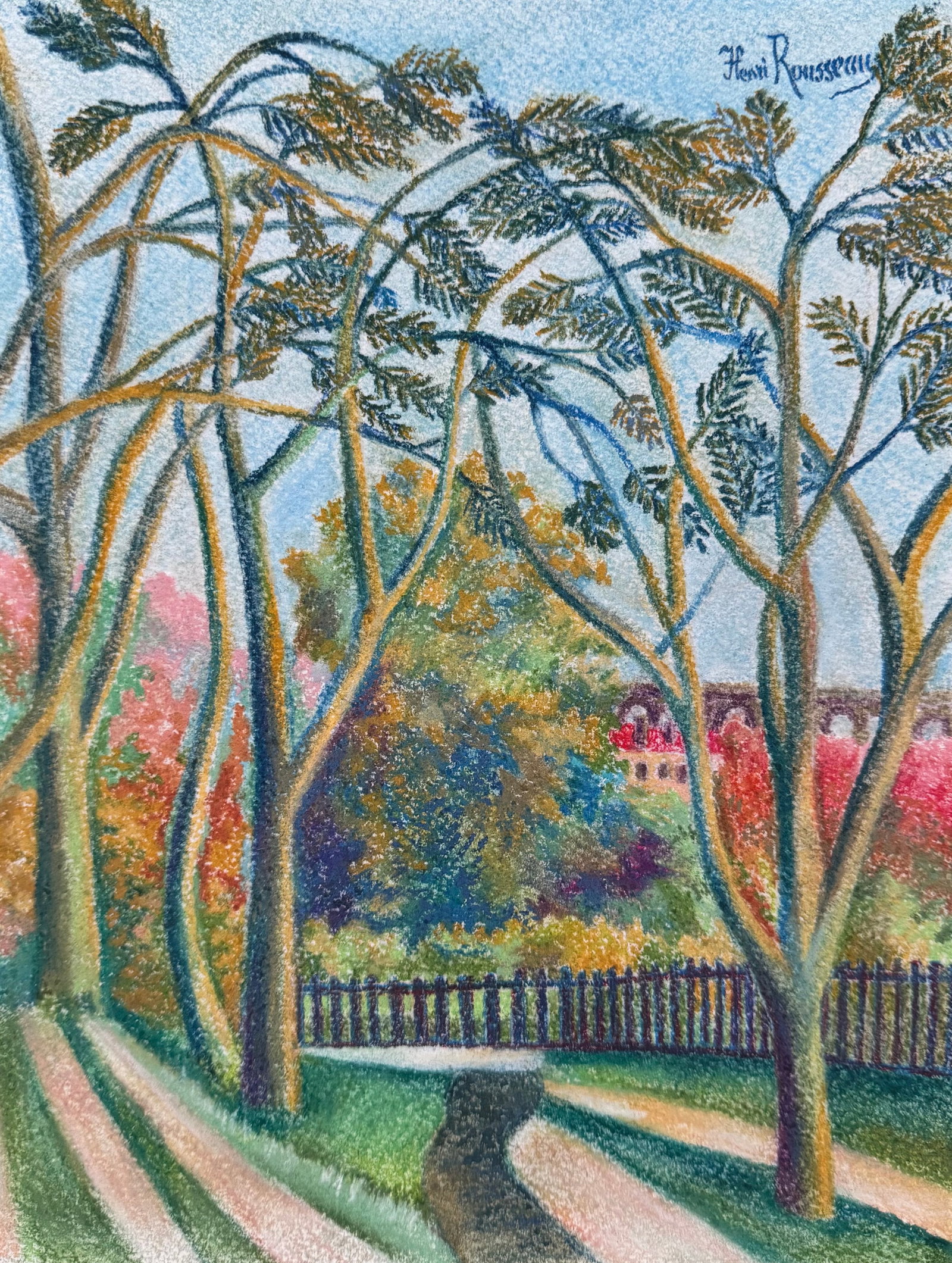 Henri Rousseau after French Post-Impressionist botanical pastel painting naive landscape: Pastel on paper, painting. From a private collection. 8,2 x 10,8 in. (20,8 x 27,5 cm). Henri Julien Felix Rousseau (1844 - 1910, French). It is being sold in the manner or style of the artist. The pai