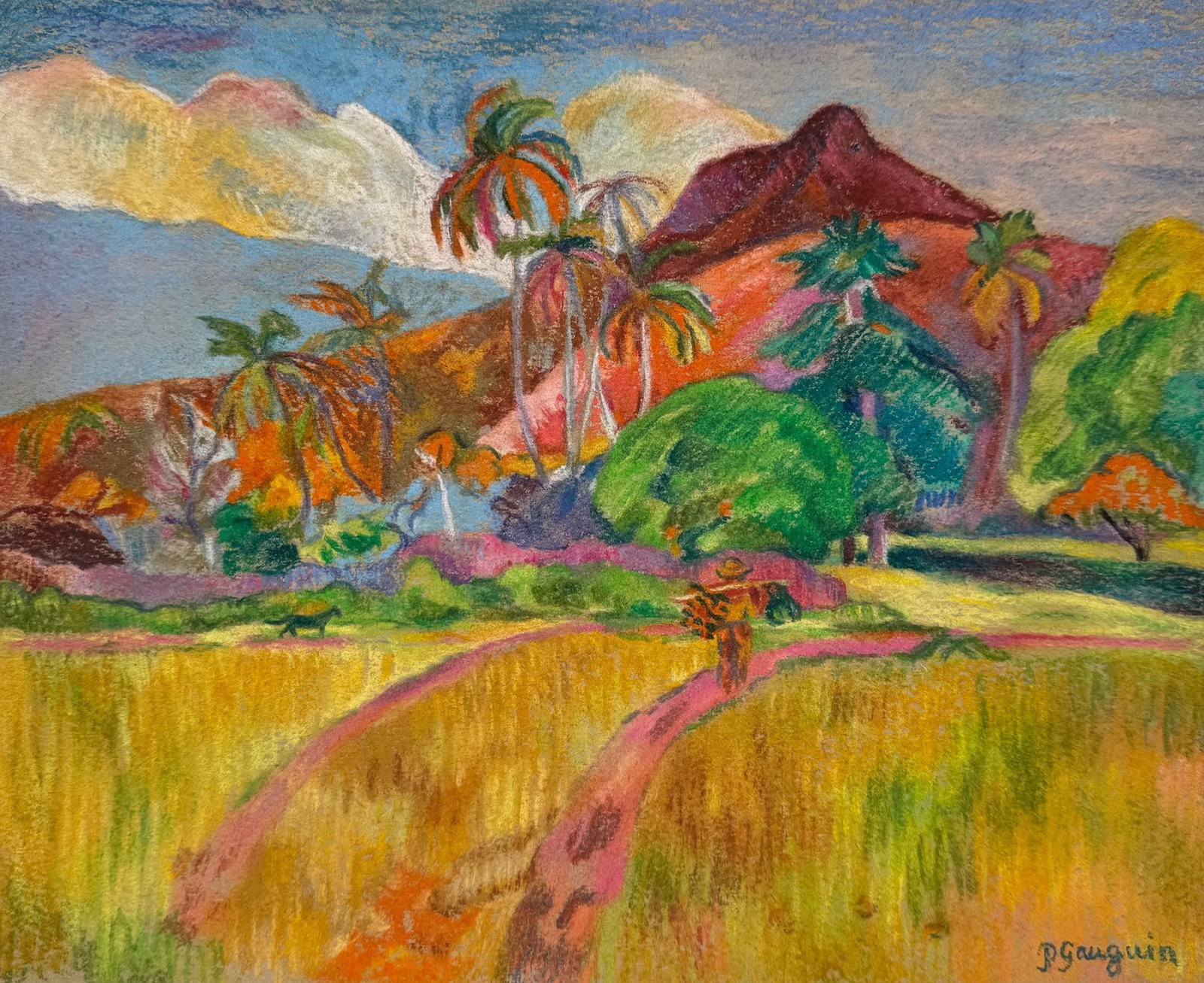 Pastel painting after Paul Gauguin French Post-Impressionist colorful landscape: Pastel on paper, painting. From a private collection. 8,8 x 10,8 in. (22,4 x 27,5 cm). Paul Gauguin (1848-1903, French). It is being sold in the manner or style of the artist. Depicts a lanscape. Paul