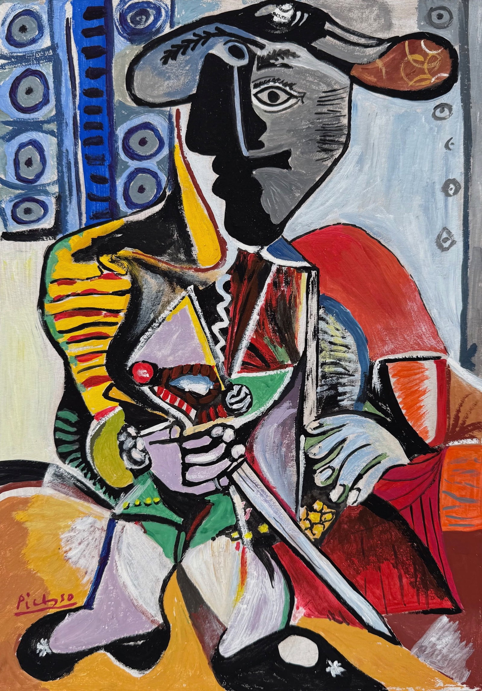 Pablo Picasso after Spanish Cubist oil painting musketeer: Oil on cardboard, painting. From a private collection. 8,3 x 11,7 in. (21,1 x 29,7 cm). Pablo Picasso (1881-1973, Spanish). It is being sold in the manner or style of the artist. The painting depicts 