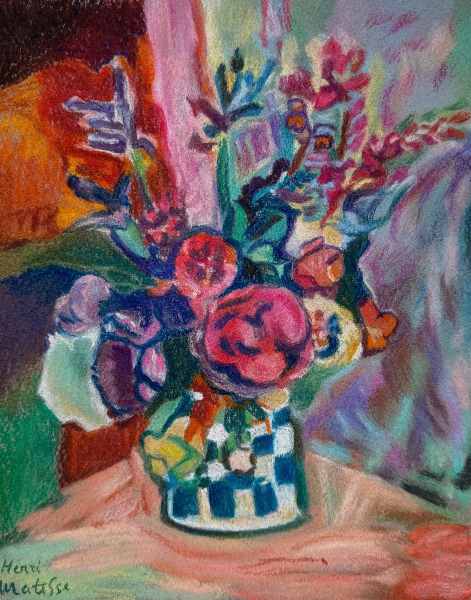 Henri Matisse after French Expressionist pastel painting still life bouquet: Pastel on paper, painting. From a private collection. 8,4 x 10,5 in. (21,2 x 26,6 cm). Henri Matisse (1869-1954, French). It is being sold in the manner or style of the artist. The painting depicts a 