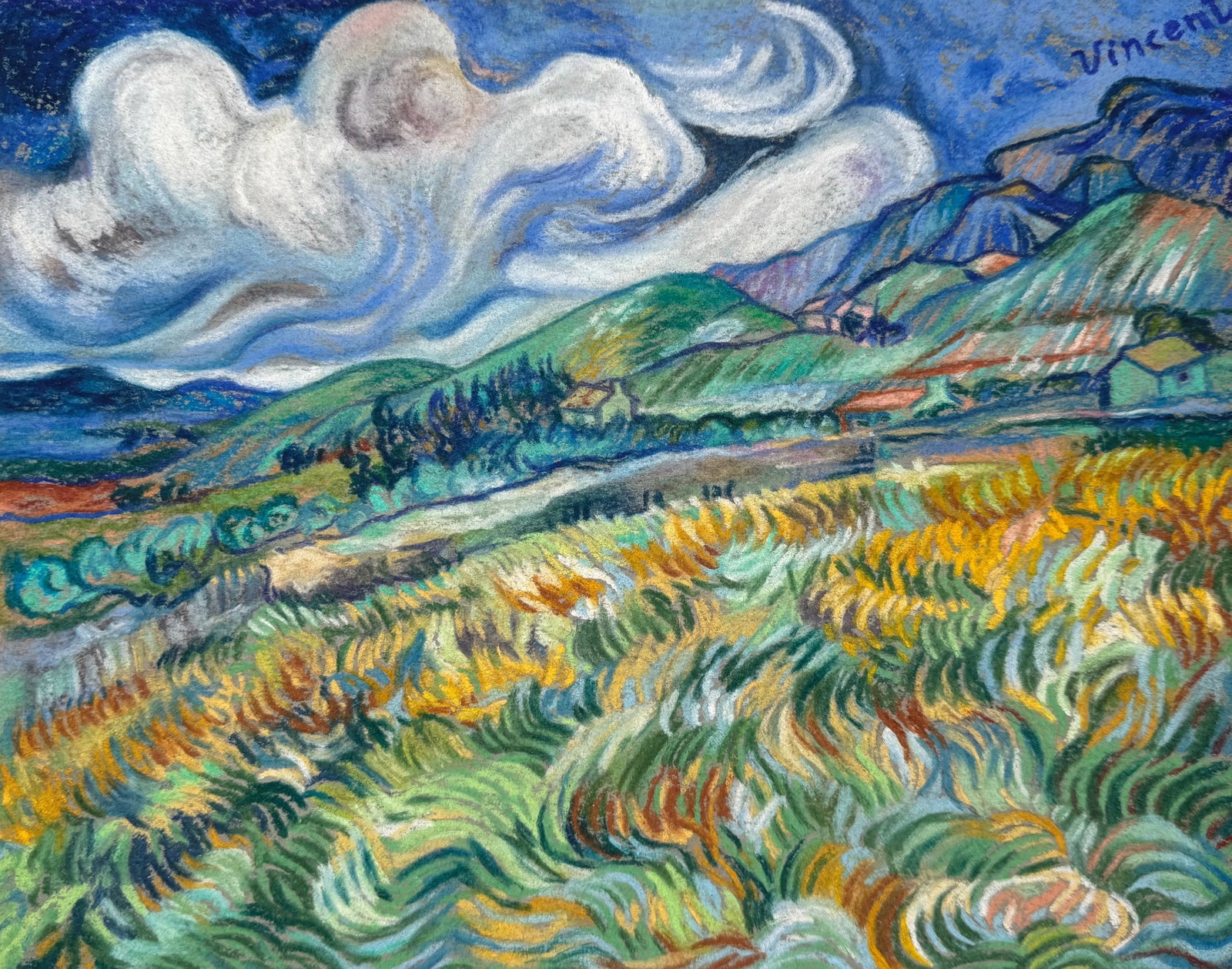 Vincent van Gogh after Dutch Post-Impressionist pastel painting landscape: Pastel on paper, painting. From a private collection. 8,4 x 10,6 in. (21,4 x 26,9 cm). Vincent Willem van Gogh (1853-1890, Dutch). It is being sold in the manner or style of the artist. Painting depic