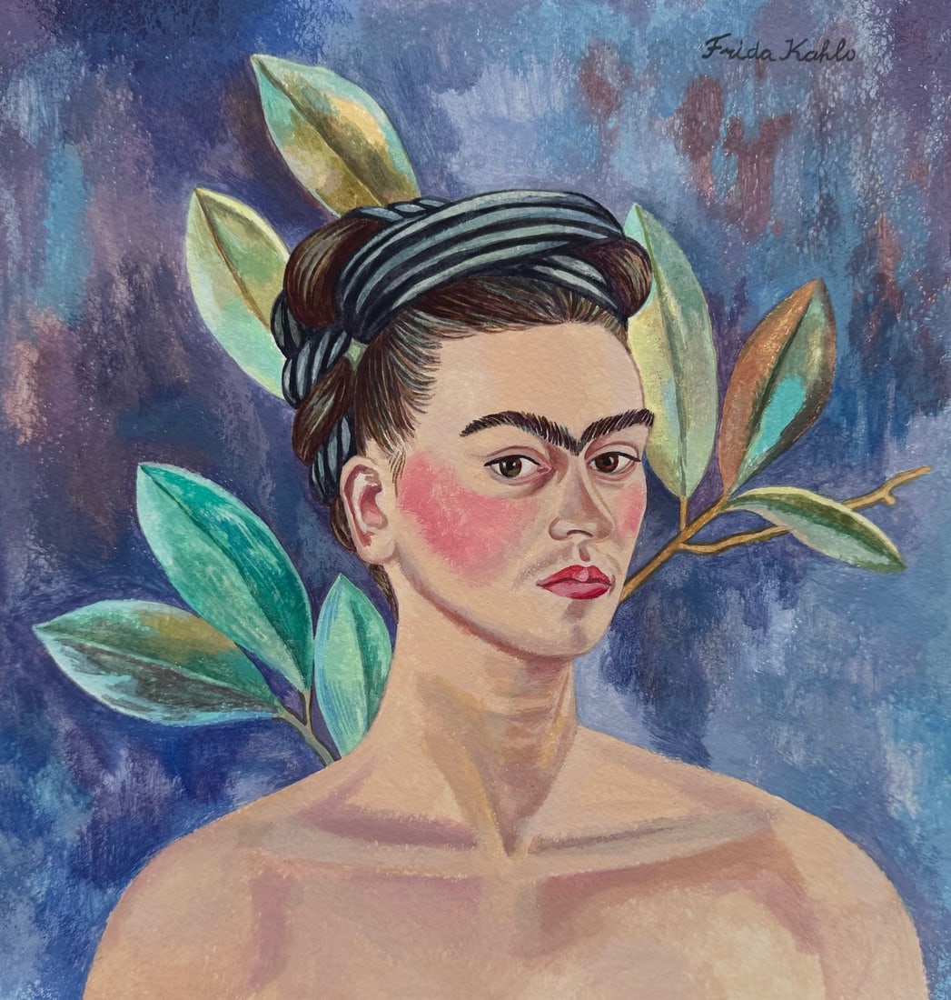 Self portrait after Frida Kahlo Mexican Surrealist tempera painting (1 of 2)
