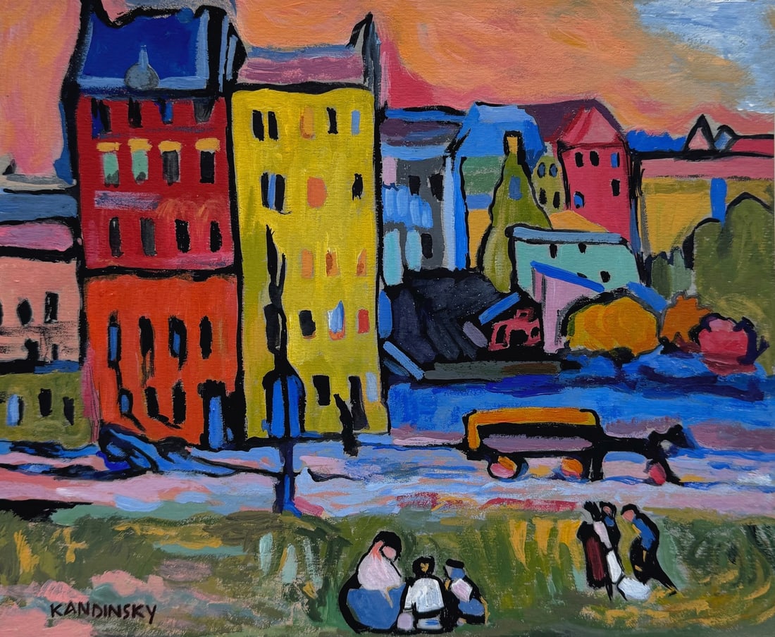 Gouache on paper Wassily Kandinsky after Russian Abstract city view: Gouache on paper, painting. From a private collection. 8,1 x 9,8 in. (20,5 x 25 cm). Wassily Kandinsky (1866-1944, Russian). It is being sold in the manner or style of the artist. Depicts a compositio