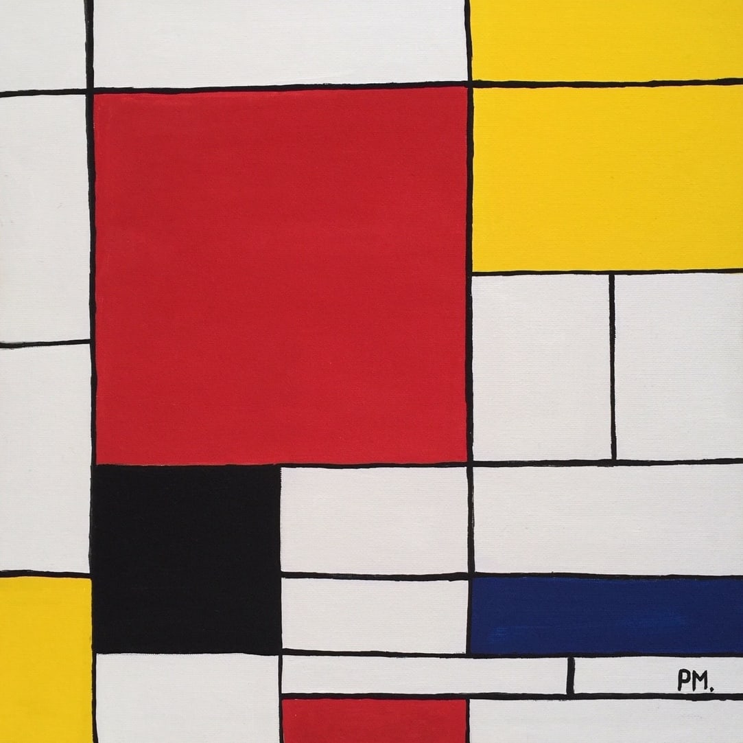 Acrylic painting Piet Mondrian after Dutch Abstract composition: Acrylic on canvas on cardboard, painting. From a private collection. 11,8 x 11,8 in. (30 x 30 cm). Piet Mondrian (1872-1944, Dutch). It is being sold in the manner or style of the artist. Depicts an a