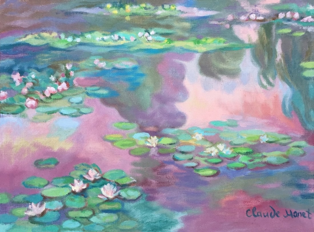 Oil on canvas after Claude Monet French Impressionist 1840-1926 water lilies: Oil on canvas, painting. From a private collection. 11,6 x 15,6 in. (29,5 x 39,7 cm). Claude Monet (1840-1926). It is being sold in the manner or style of the artist. Landscape with water lilies.
