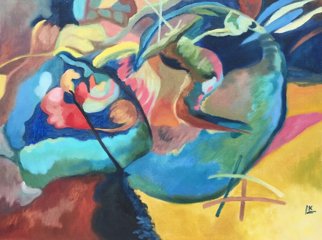 Wassily Kandinsky after Russian Abstract oil on canvas abstract composition: Oil on canvas, painting. From a private collection. 11,6 x 15,5 in. (29,5 x 39,5 cm). Wassily Kandinsky (1866-1944, Russian). It is being sold in the manner or style of the artist. Abstract compositio