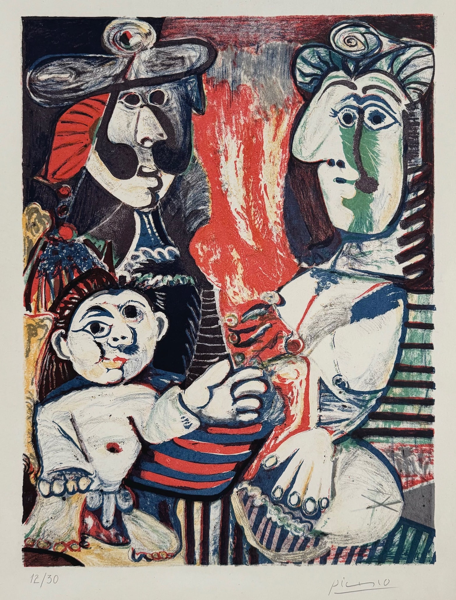 Lithograph Pablo Picasso after Spanish Cubism family and child: Lithograph on paper. From a private collection. Pablo Picasso (1881-1973, Spanish). It is being sold in the manner or style of the artist. Paper size: 15,9 x 19,8 in. (40,4 x 50,2 cm). Lithograph imag