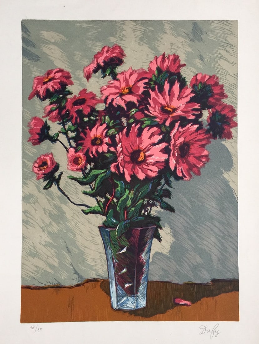 Lithograph on paper Raoul Dufy after French bouquet of flowers: Lithograph on paper. Lower left edition. From a private collection. 5,4 x 20,7 in. (39 x 52,5 cm). Raoul Dufy (1877-1953, French). It is being sold in the manner or style of the artist. Depicts a bouq