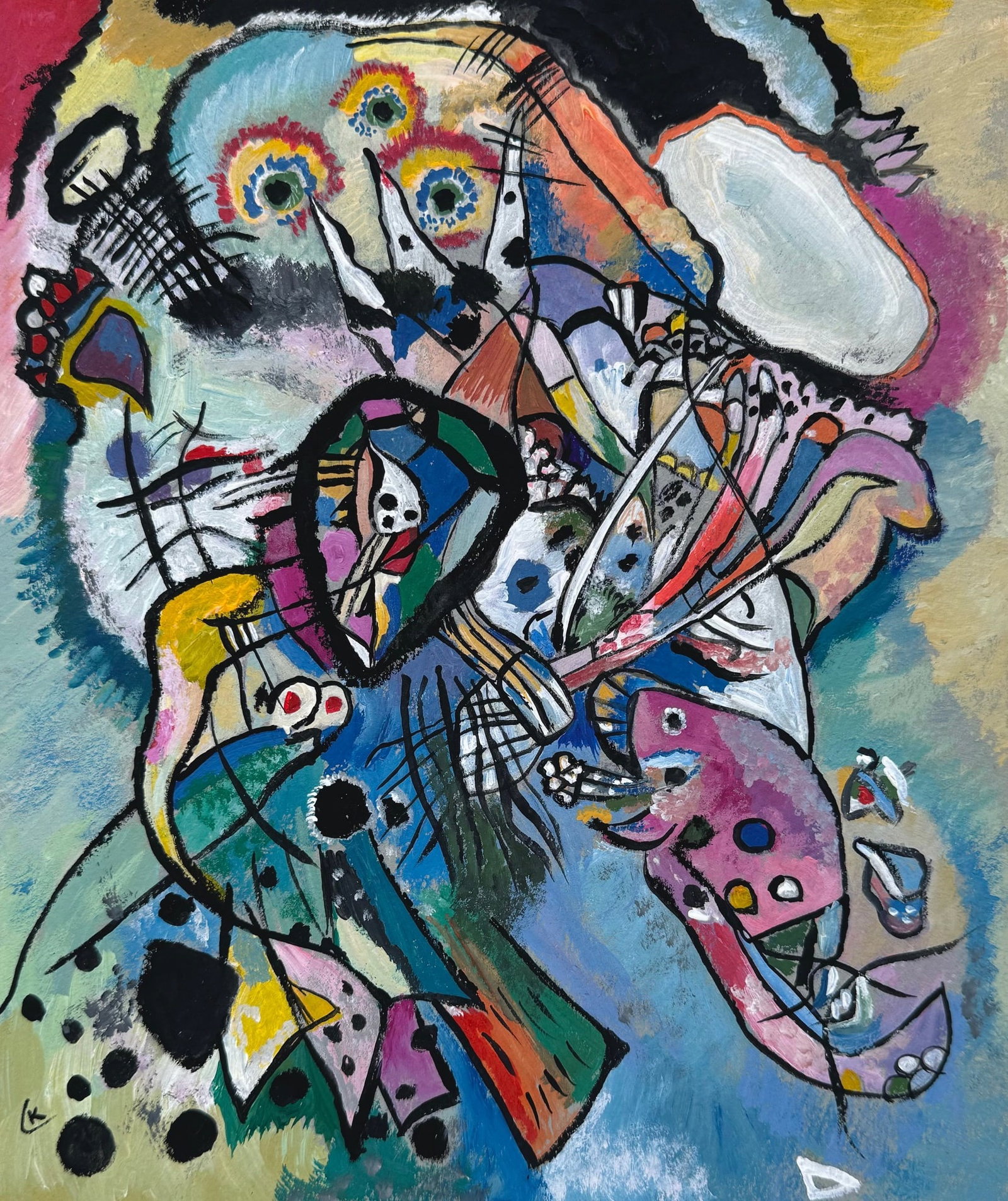 Tempera on paper Wassily Kandinsky after Russian Abstract shapes: Tempera on paper, painting. Signed lower left. From a private collection. 8,3 x 9,8 in. (21,1 x 25 cm). Wassily Kandinsky (1866-1944, Russian). It is being sold in the manner or style of the artist. D