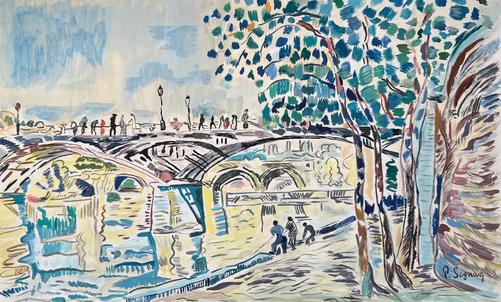 Paul Signac style of French Neo-Impressionist landscape tempera painting Pointillist: Tempera on paper, painting. From a private collection. 7,3 x 12 in. (18,5 x 30,6 cm). Paul Signac (1863 - 1935, French). It is being sold in the manner or style of the artist. Depicts a landscape with