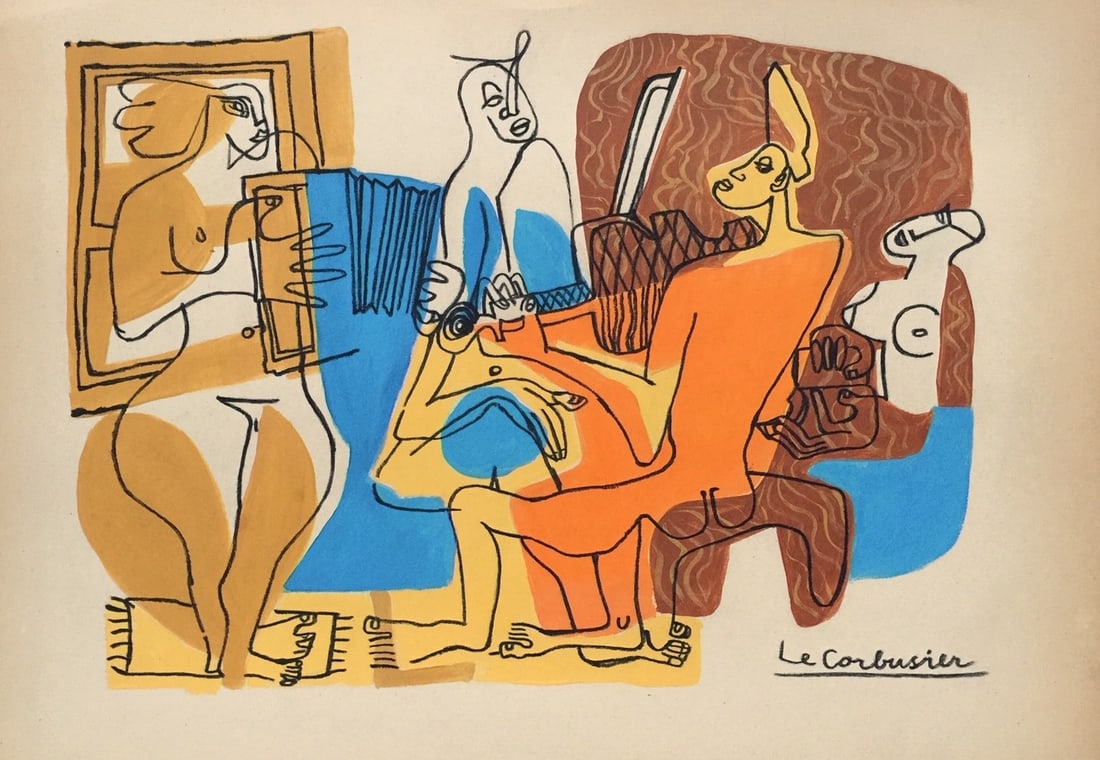 Mixed media on paper Le Corbusier after French Expressionist musicians playing instruments painting: Mixed media on paper. From a private collection. 9,4 x 12,8 in. (23,8 x 32,5 cm). Le Corbusier (1887-1965, French, Swiss). It is being sold in the manner or style of the artist. Depicts a composition 
