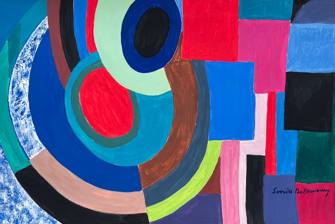 Sonia Delaunay style of French Ukrainian Abstract tempera on paper geometric: Tempera on paper, painting. From a private collection. 7,6 x 11,3 in. (19,3 x 28,8 cm). Sonia Delaunay (1885-1979, Ukrainian, French). It is being sold in the manner or style of the artist. Featuring 