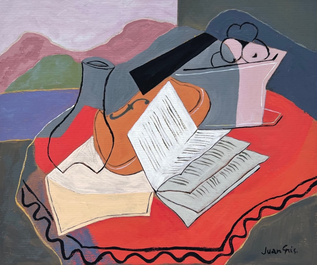 Juan Gris style of Spanish Cubism gouache on paper still life book: Gouache on paper, painting. From a private collection. 8 x 9,6 in. (20,5 x 24,5 cm). Juan Gris (1887-1927, Spanish). It is being sold in the manner or style of the artist. Depicts a still life with a 