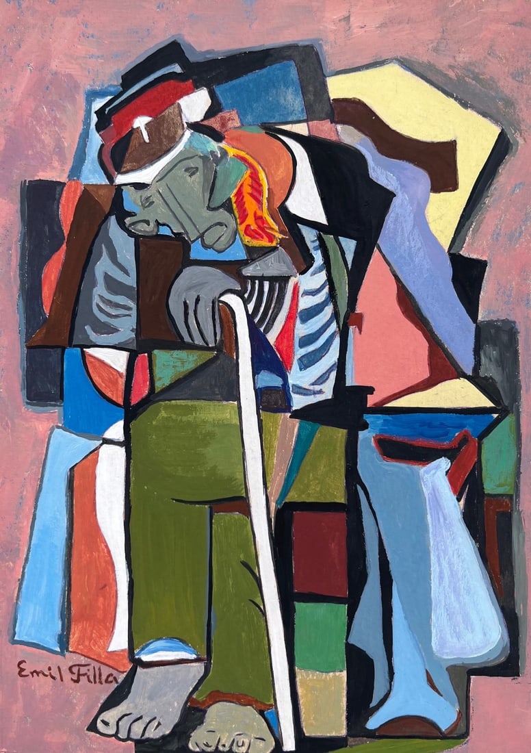 Emil Filla style of gouache on paper Czech Cubist portrait: Gouache on paper, painting. From a private collection. 6,9 x 9,8 in. (17,6 x 25 cm). Emil Filla (1882-1953, Czech). It is being sold in the manner or style of the artist. The painting depicts a cubist