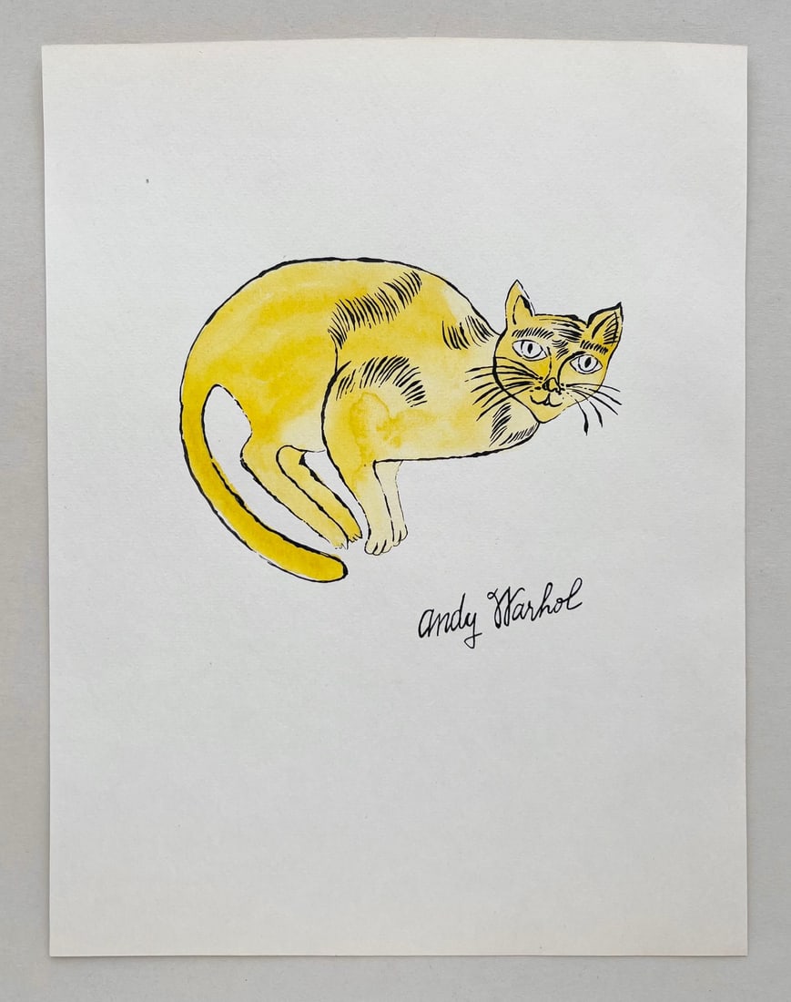Ink watercolor on paper Andy Warhol style of American Pop Art cat - 2