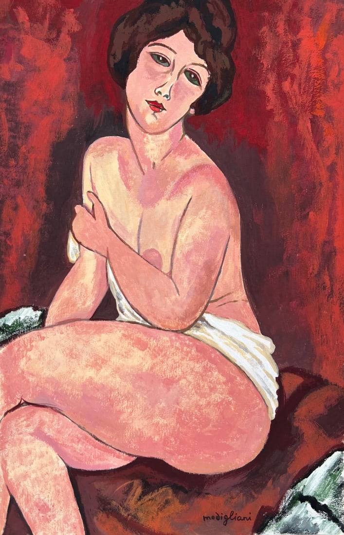 Amedeo Modigliani after Italian Expressionism tempera on paper nude: Tempera on paper, painting. From a private collection. 7,2 x 11,2 in. (18,4 x 28,5 cm). Amedeo Modigliani (1884-1920, Italian). It is being sold in the manner or style of the artist. Depicts a seated 