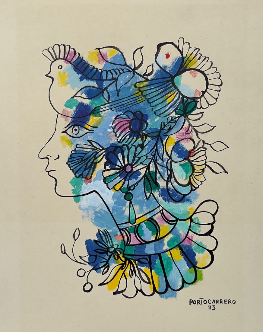 Rene Portocarrero after Cuban Modernist mixed media on paper portrait Flora: Mixed media on paper, painting. From a private collection. 9,1 x 10 in. (23 x 25,4 cm). Rene Portocarrero (1912-1985, Cuban). It is being sold in the manner or style of the artist. Depicts a portrait 